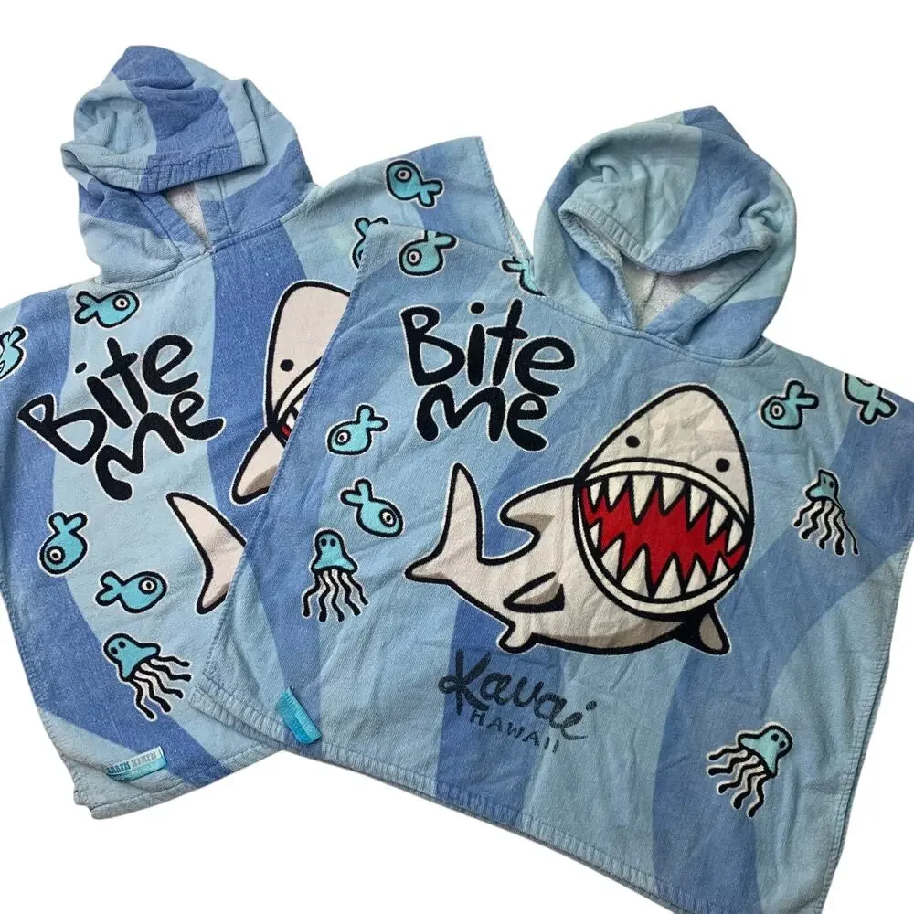 Earth Nymph Design Lot of 2 Kid Hooded Towels Shark Bite Me Hawaii Kauai
